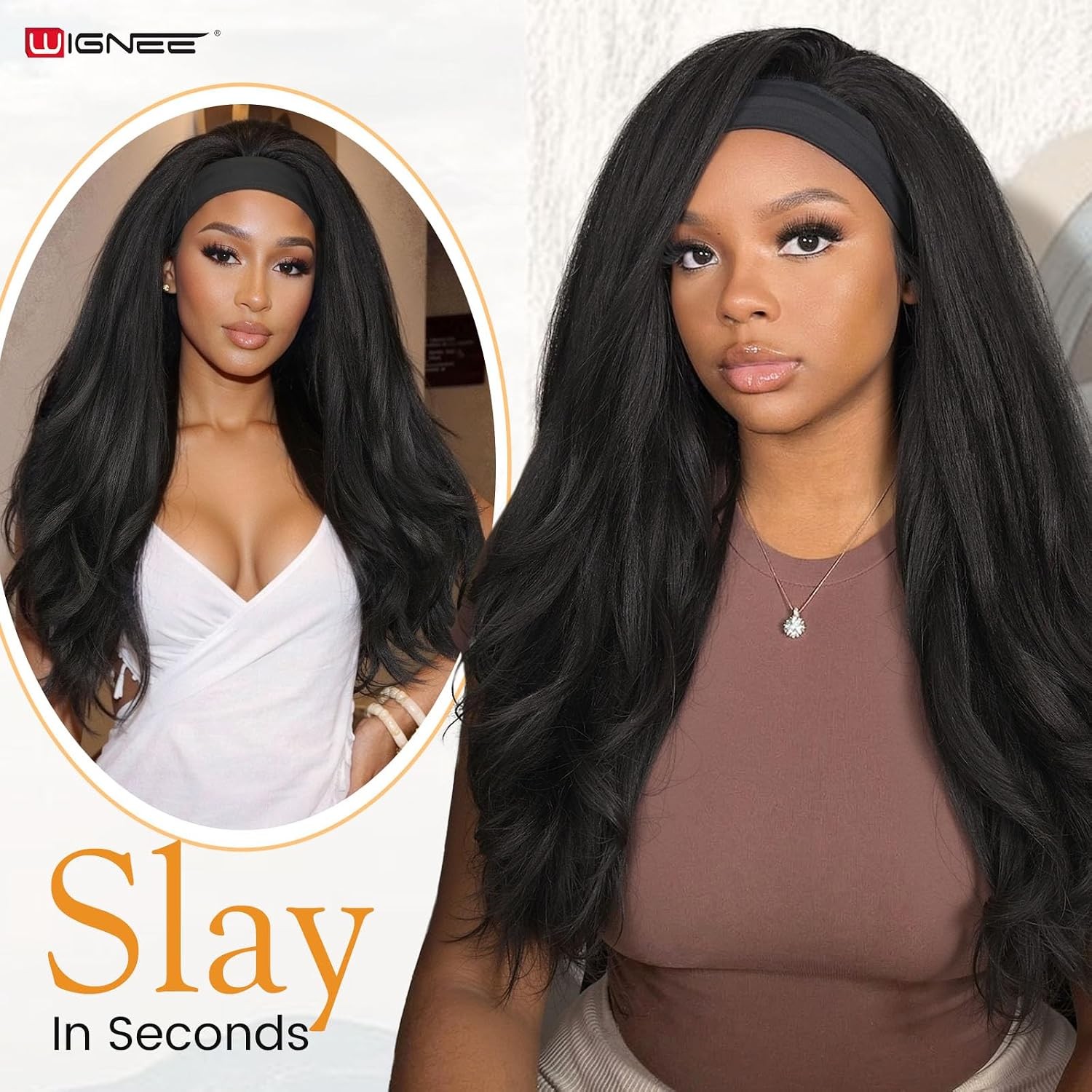 WIGNEE Yaki Curly Headband Wig Synthetic Layered Kinky Straight Half Wig Wear an