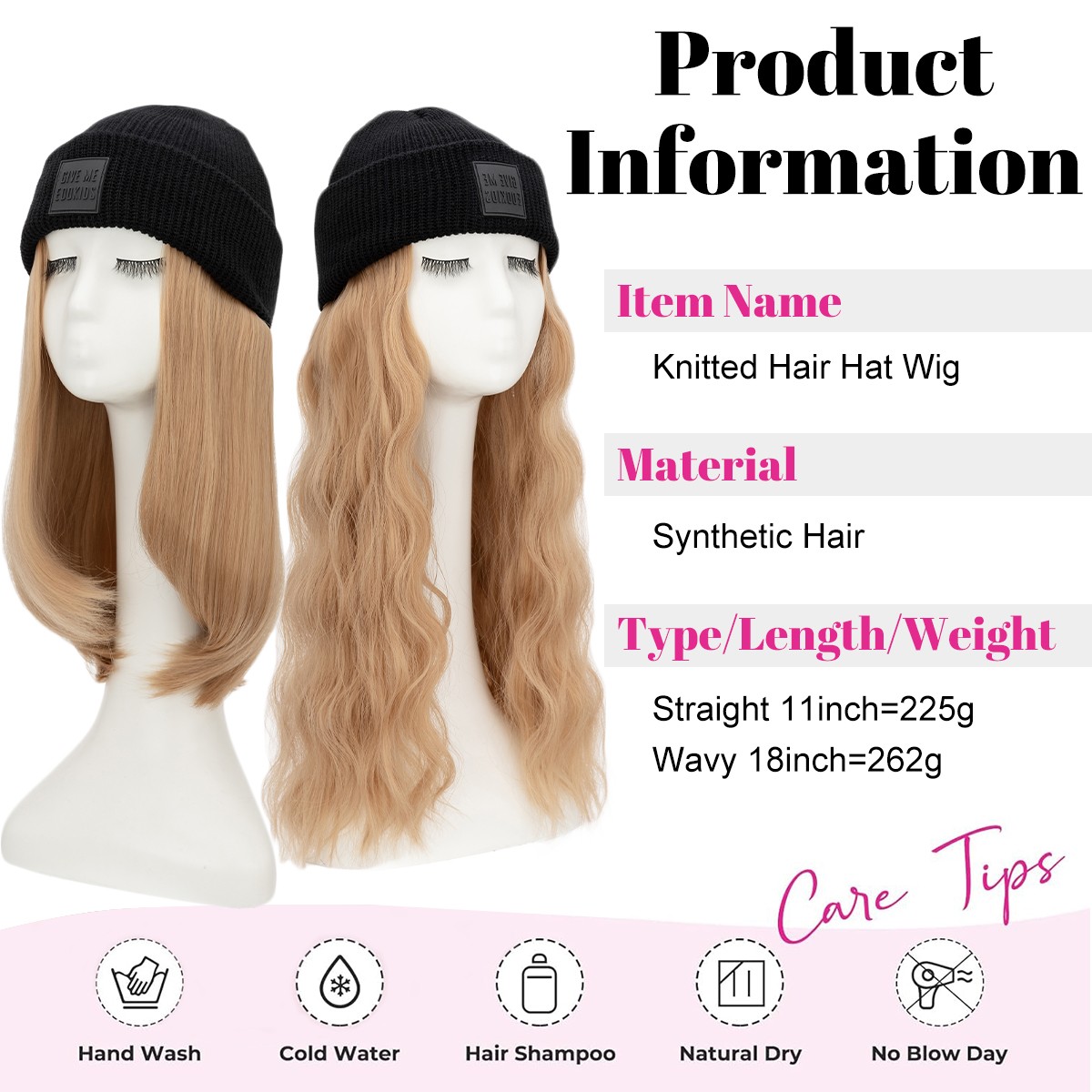 Beanie Hat Wig with 8/11/16/18″ Synthetic Straight&Curly Wavy Hair Knitted Cap