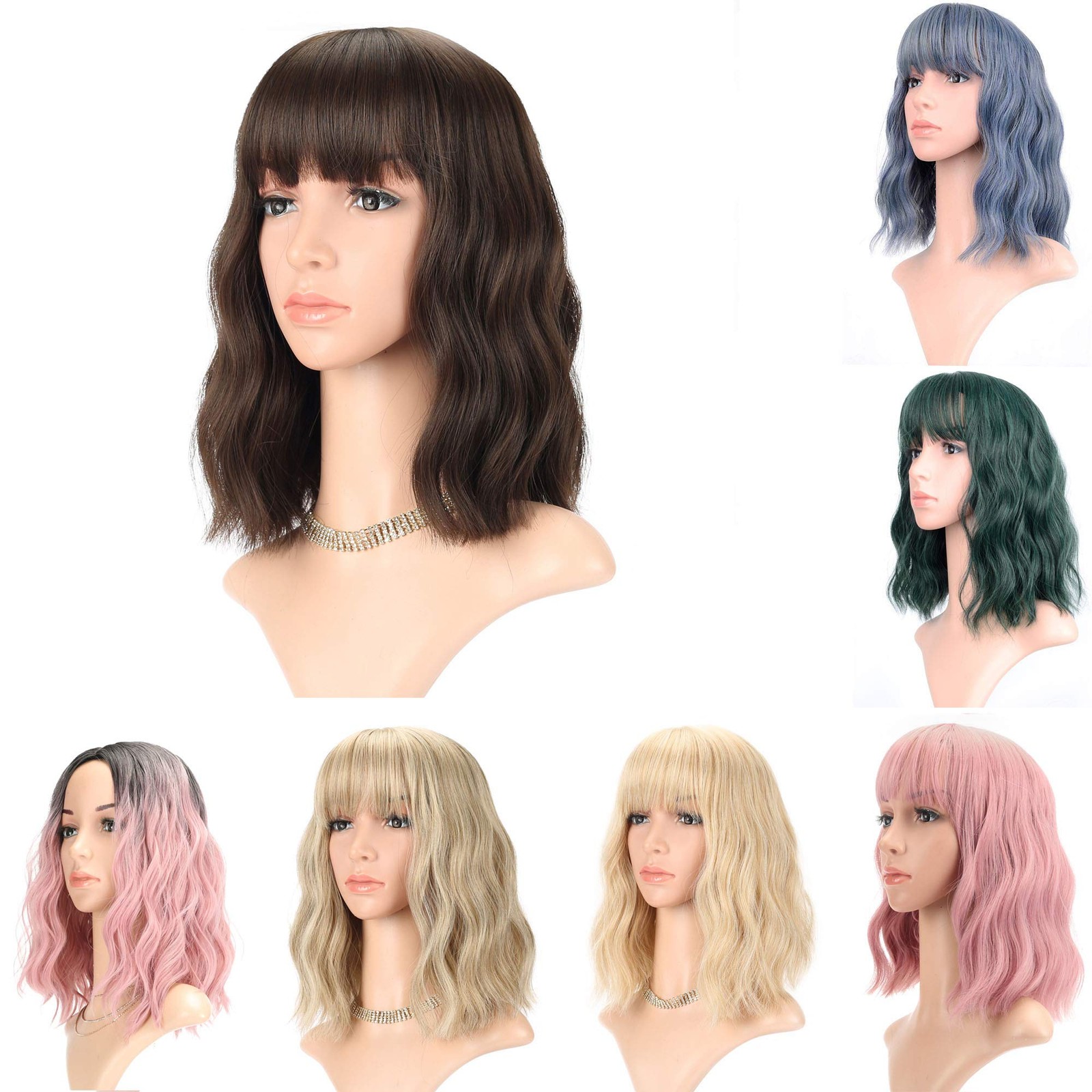 Faelbaty Short Green Wigs Air Bangs Shoulder Length Bob Wig For Women Curly
