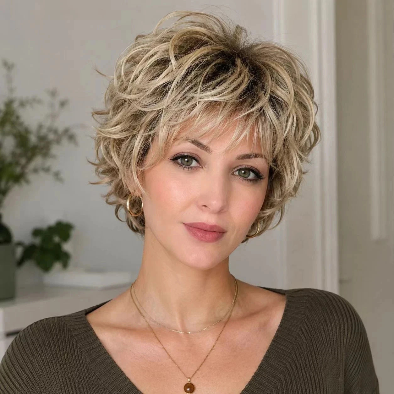 Short Fluffy Curly Blonde Highlight Wig with Bangs Natural Look Heat Resistant S