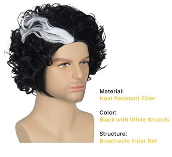 Miss U Hair Short Curly Strands Men Adult Party 21-23 Inch Black with White
