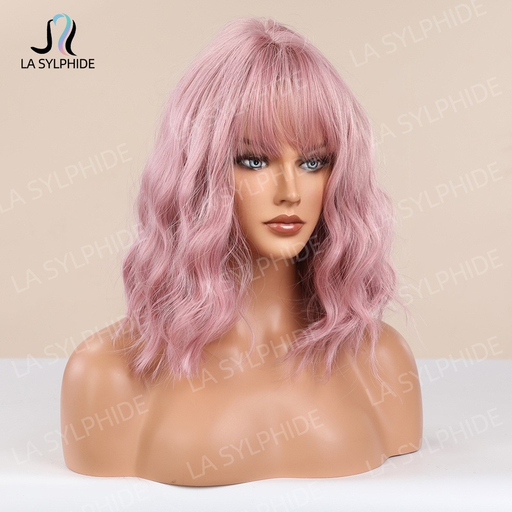 High Crown Brown Short Water Wave Wig with Bangs for Women Multicolor Synthetic