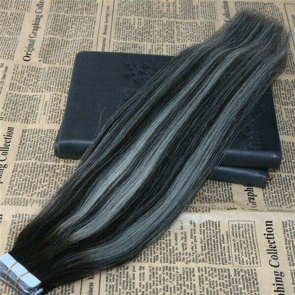 12AA RUSSIAN TAPE IN HAIR Extensions 1#/GREY# BALAYAGE OMBRE 40Pcs 100g STRAIGHT