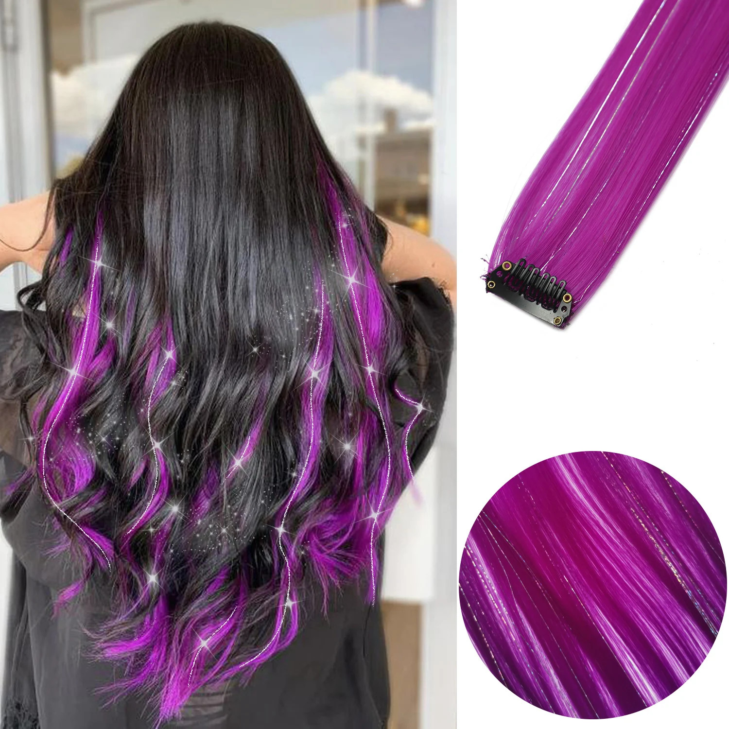 22 Inch Clip in Synthetic Hair Extensions Colored Straight Hairpieces Royal Blue