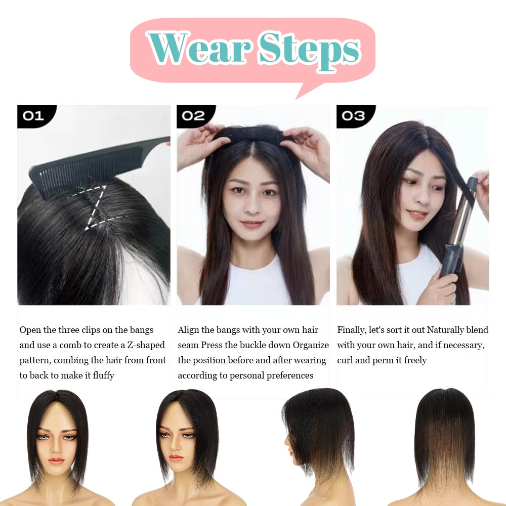 Clip in 100% Remy Human Hair Extensions Curtain Bang Hairpiece Lace Base Topper