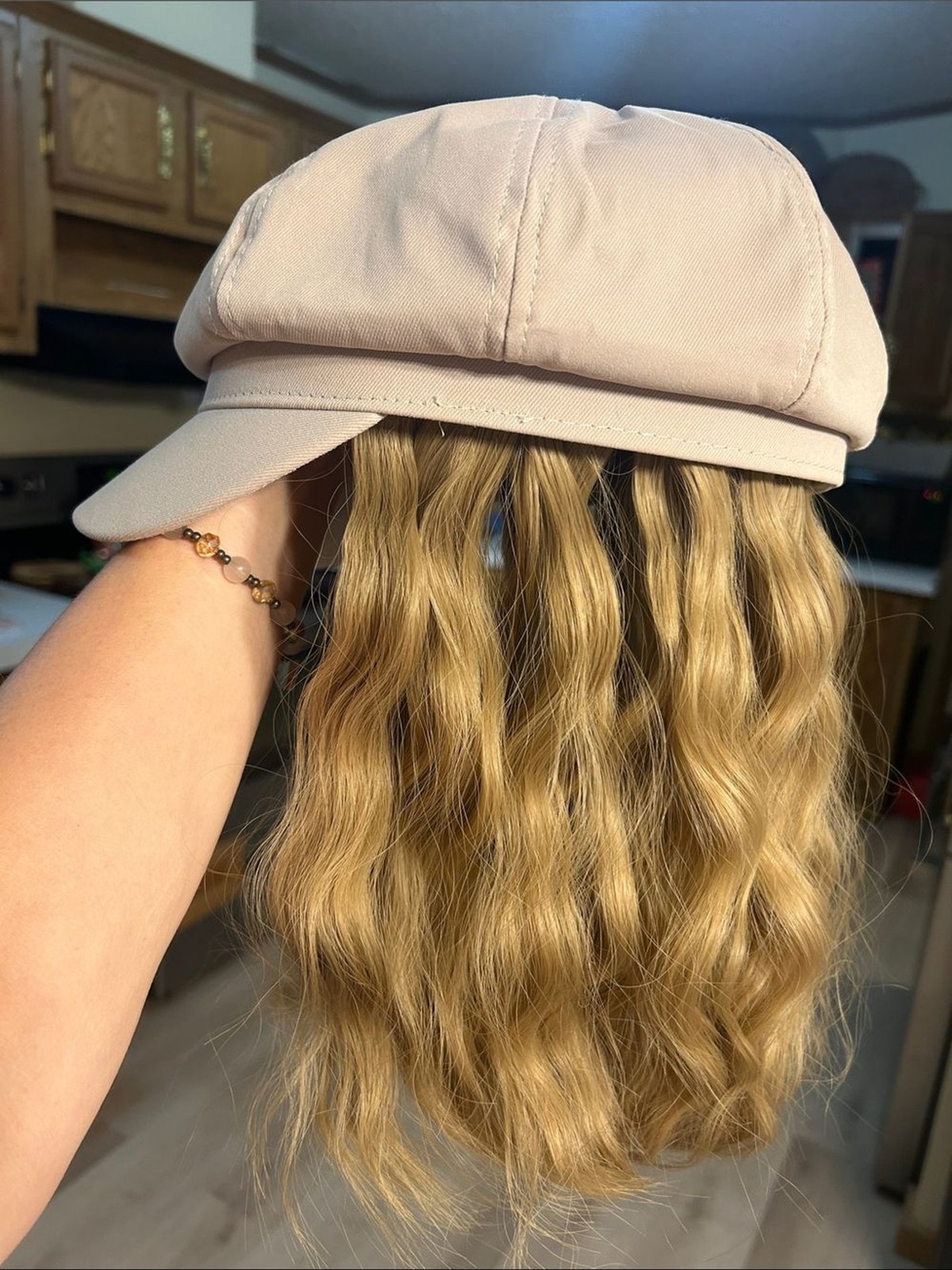 Beige Newsboy Cap Medium Length Golden Blonde Wavy Wig
