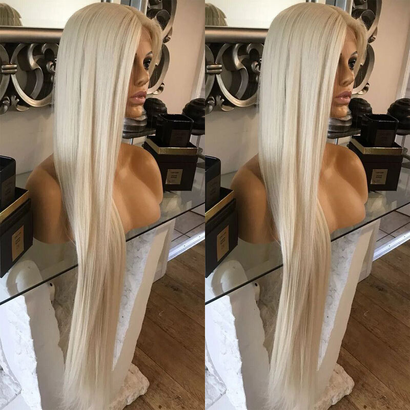 Lace Frontal Wigs Heat Resistant Synthetic Hair Long Straight Platinum blonde