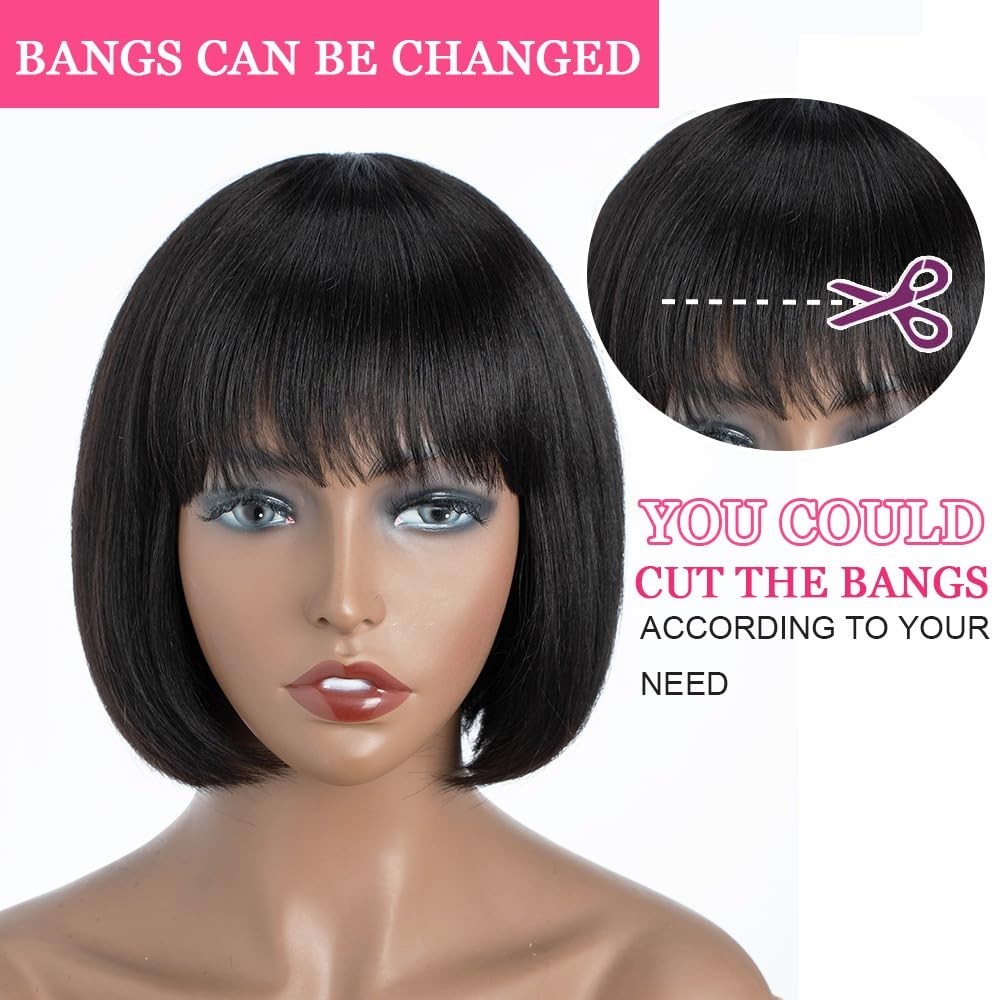 Short Bob Wig Human Hair with Bangs Straight Bob Wig with Bang Machine Made Wig