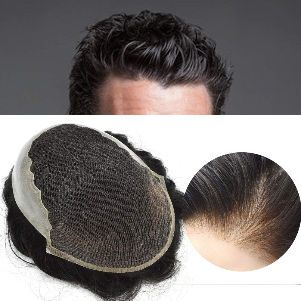 French Lace Front Bleached Men Toupee Hair Replacement System Poly Hairpiece Wig