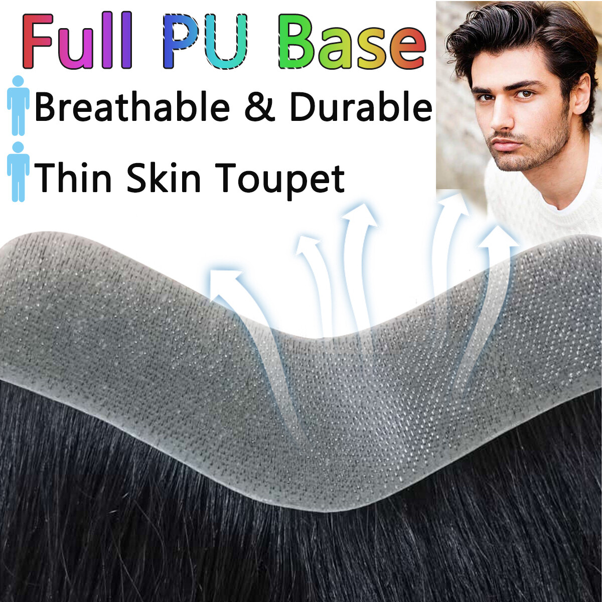 Front Toupet Mens Toupee Human Hair Replacement System PU Base Poly Hairpiece US