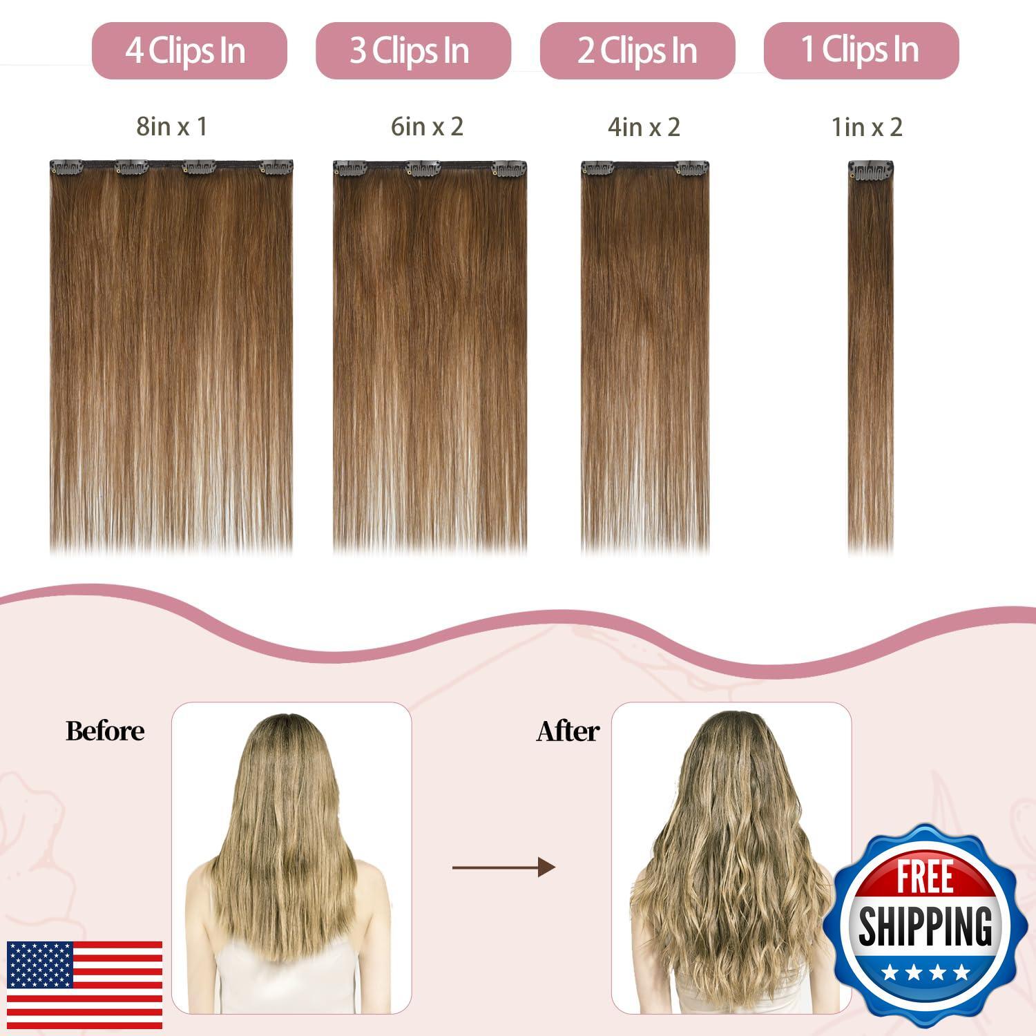 HUAYI Light Brown Clip in Hair Extensions Human Hair, 18 Inch 70g, 7pcs with