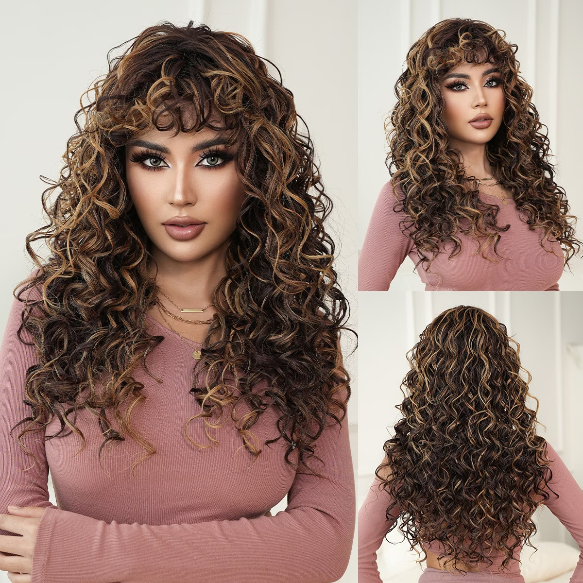 Women Wig Vintage Lazy Style High Temperature Fiber Golden Gradient Long Curly