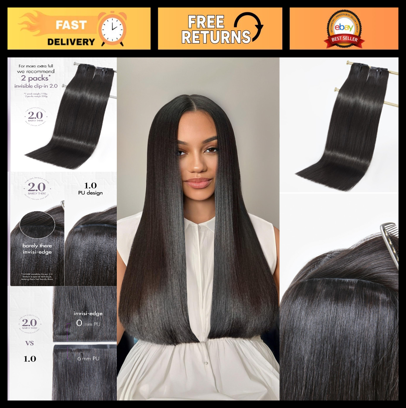 Invisible Silky Straight Clip-In Hair Extensions, 18″ 220g, Real Human Remy Hair