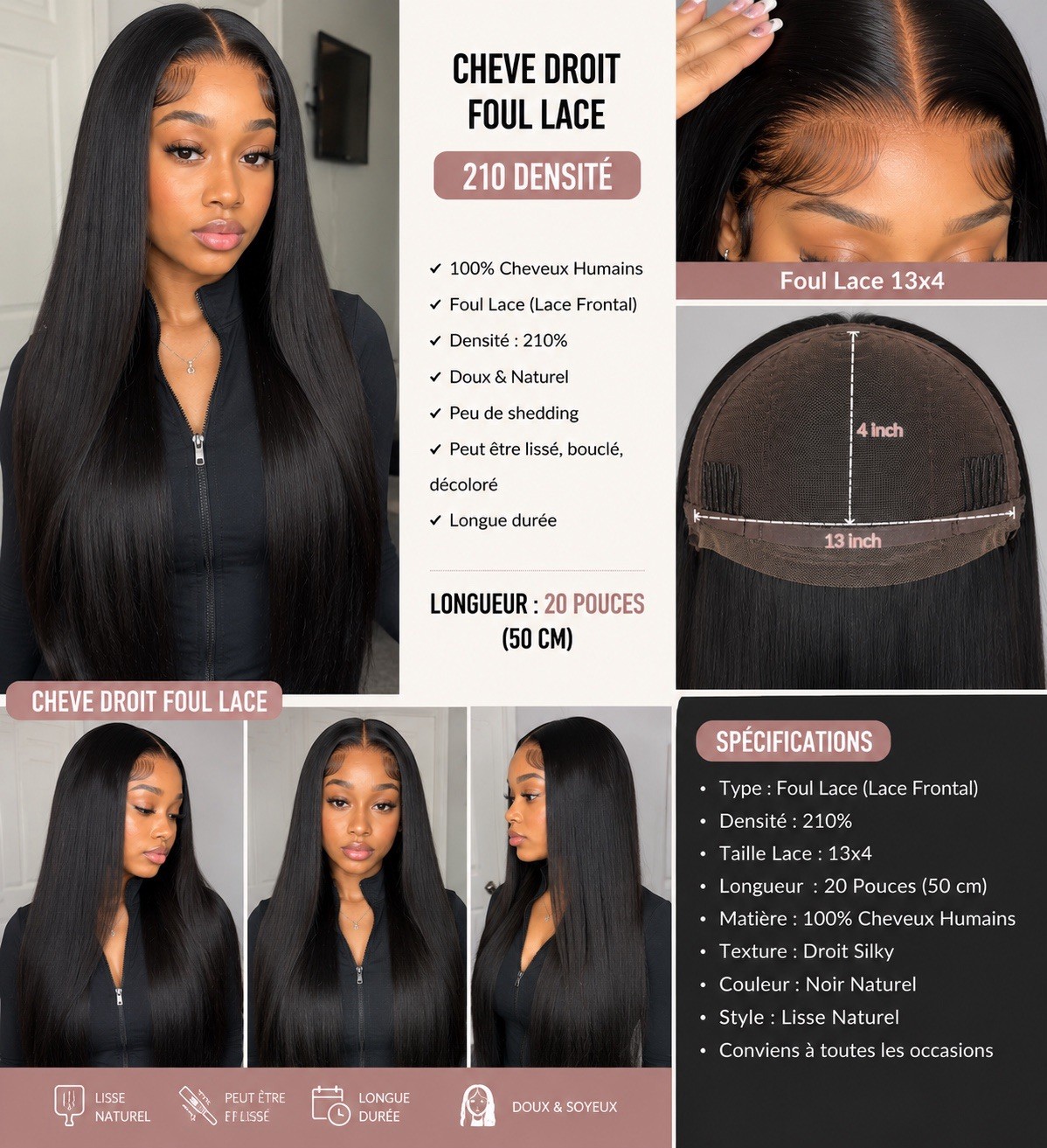 Women’s Lace Front Full Lace Wig Straight Black Human Hair Middle Part 20 in