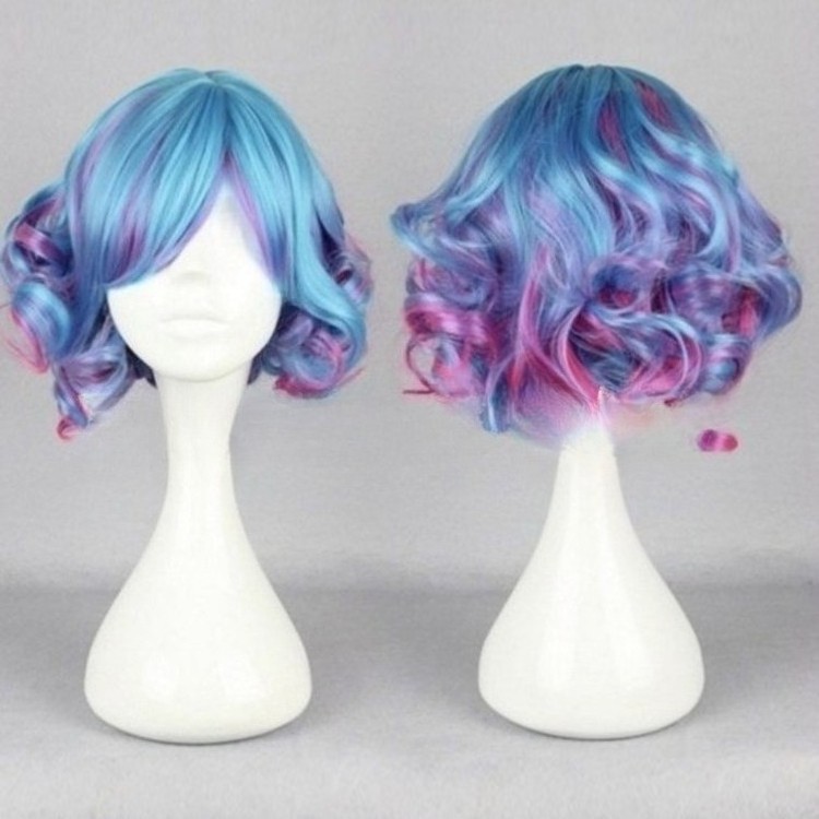 Women’s Wig Short Multicolor Blue Purple Curly Party Wig Ladies Hair Full Wig