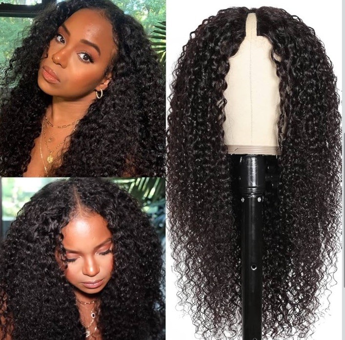 UNICE V Part Curly Human Hair Wig 18” Natural Black 180% Density Glueless U Part