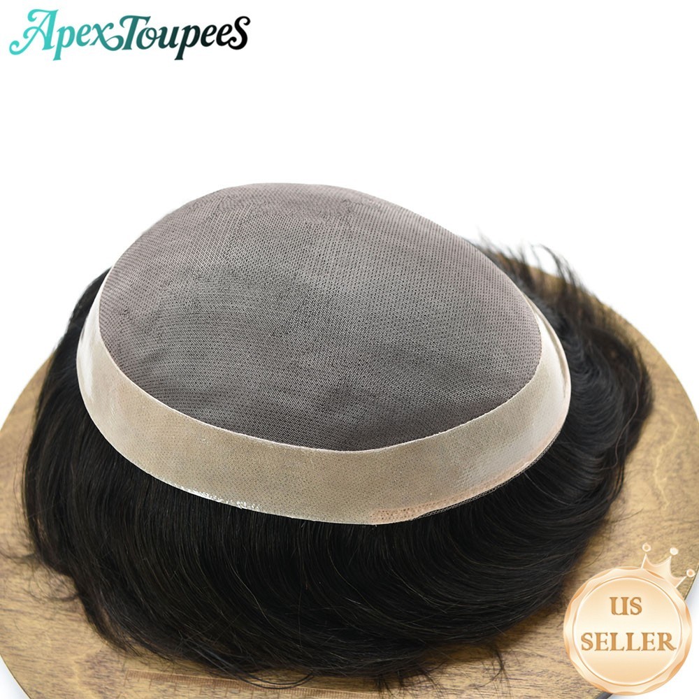 Fine Mono Mens Toupee Hair Replacement System Poly Skin PU Around Wig for Men