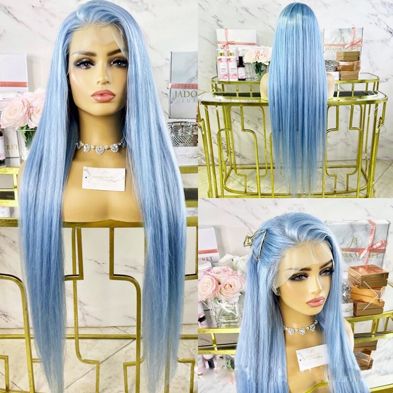 Women’s Wig Fashion Front Lace Wig Long Straight Hair Chemical Fiber Light Blue
