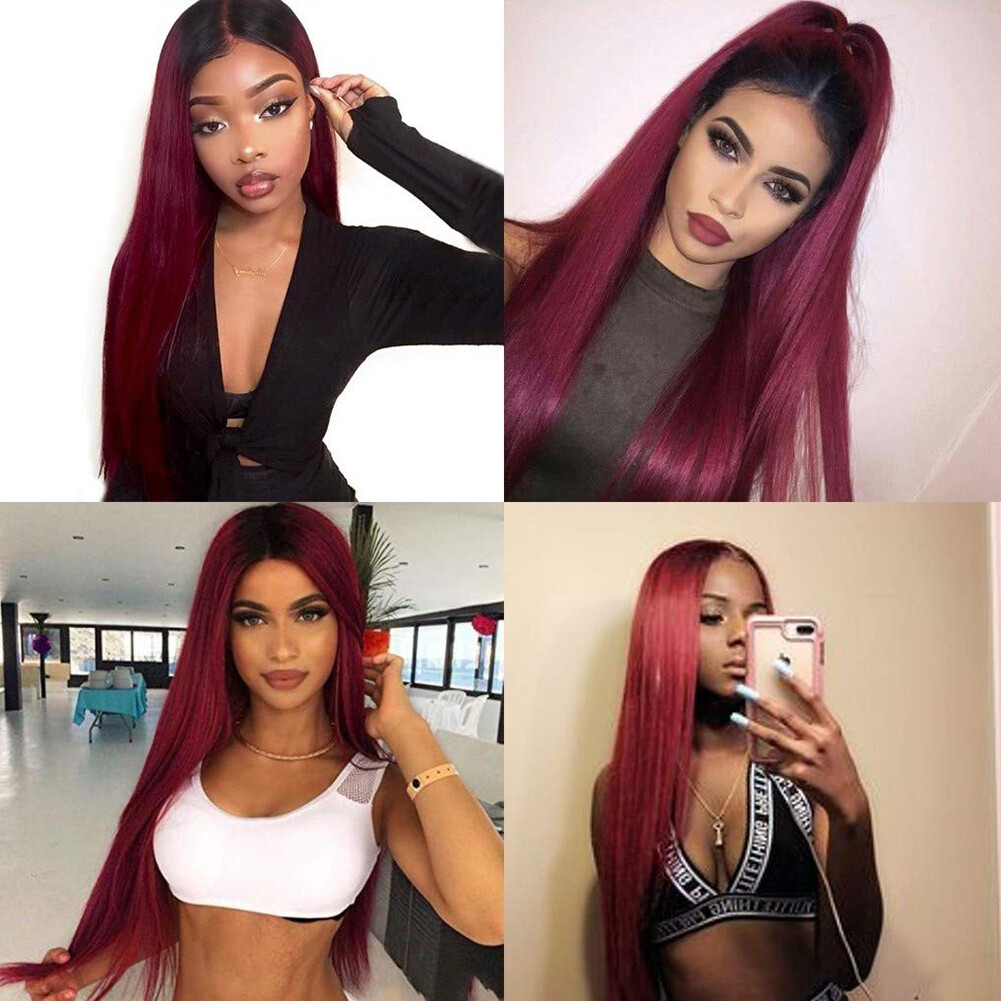 Ombre Burgundy Lace Front Wigs Heat Resistant Synthetic Long Straight Hair Soft