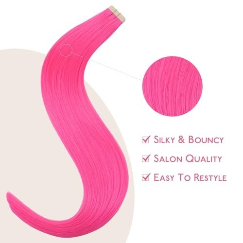 Hot Pink Tape In Hair Extensions 18″ Remy Human Hair 10pcs 25g Invisible Soft Re