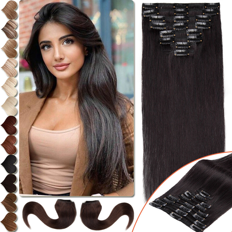 Smooth Clip In 100% Real Remy Human Hair Extensions Black Long 18Clips Hairpiece