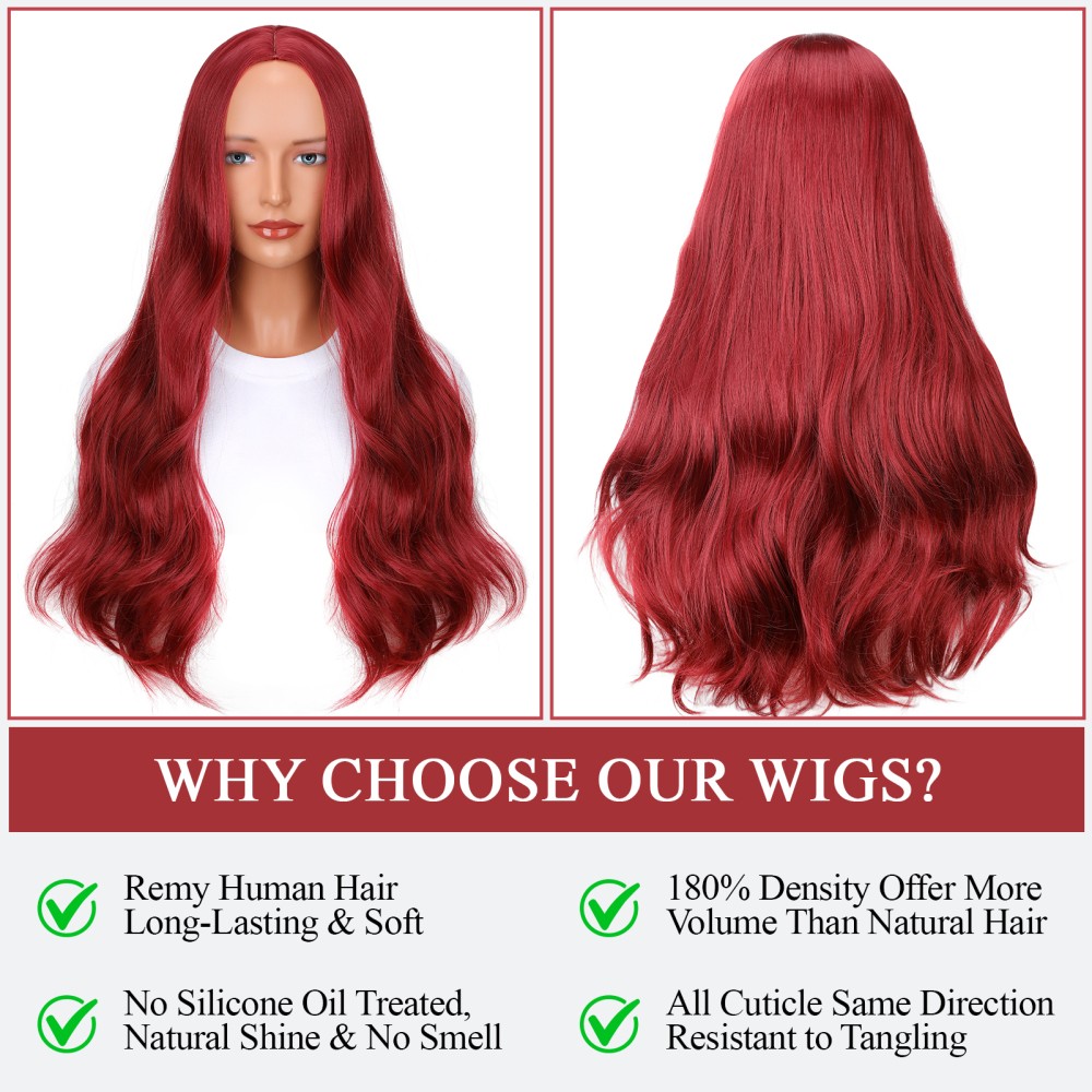 Full Lace Wig with 26 Inches Long Curly Hair Burgundy Color Natural Body Waves