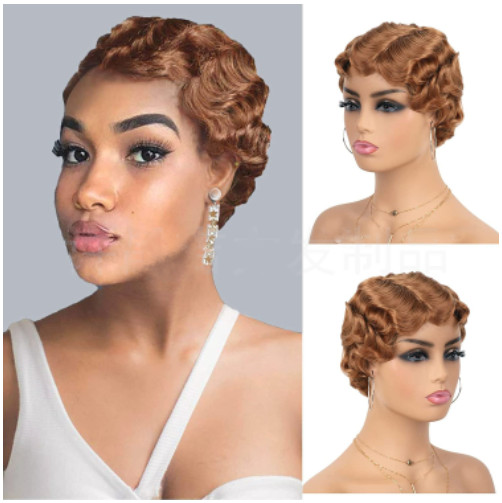 Short Pixie Cut Ocean Wave Brazilian Human Hair Wigs Finger Wave Brown No Lace