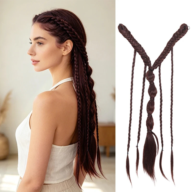 Women Elf Style Braided Half Head Hair Extensions Synthetic Fiber with BB Clips