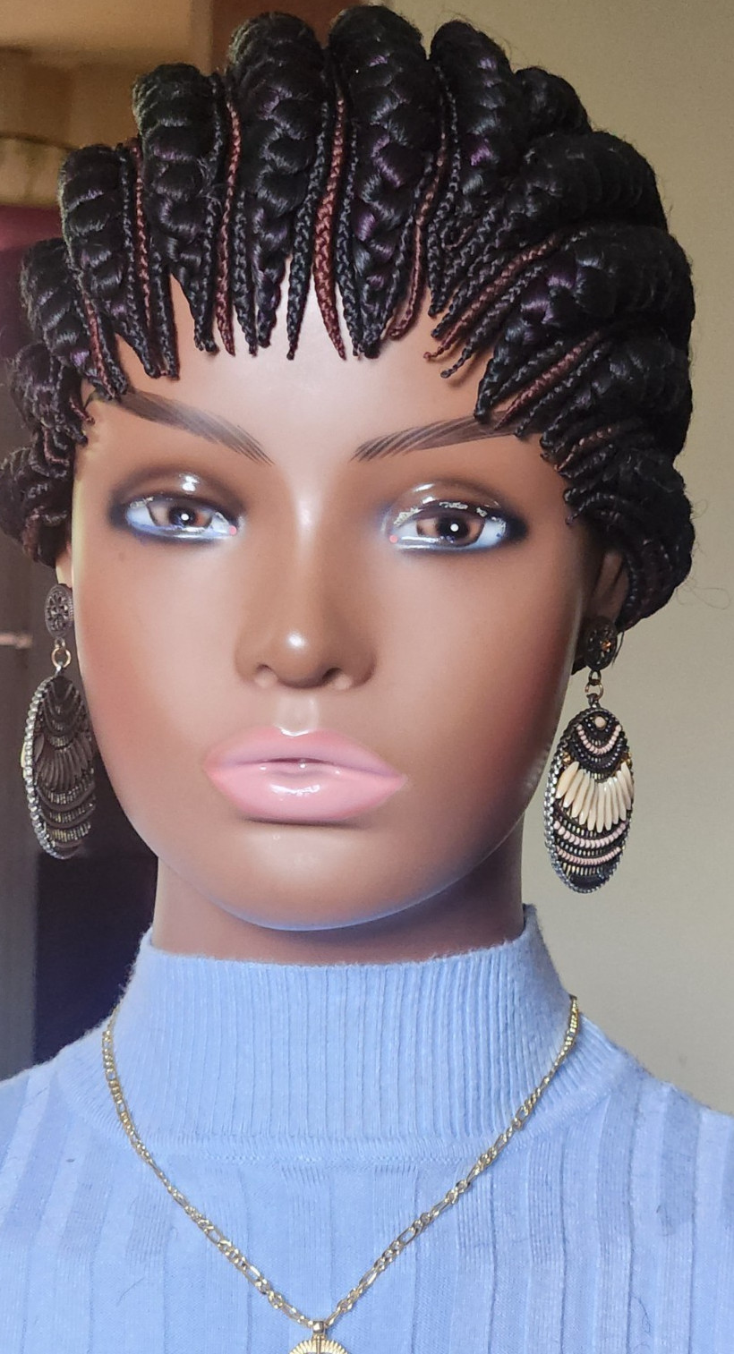 Fully hand braided Ghana banana cornrows wig Paka 1B mix dark purple/dark drown