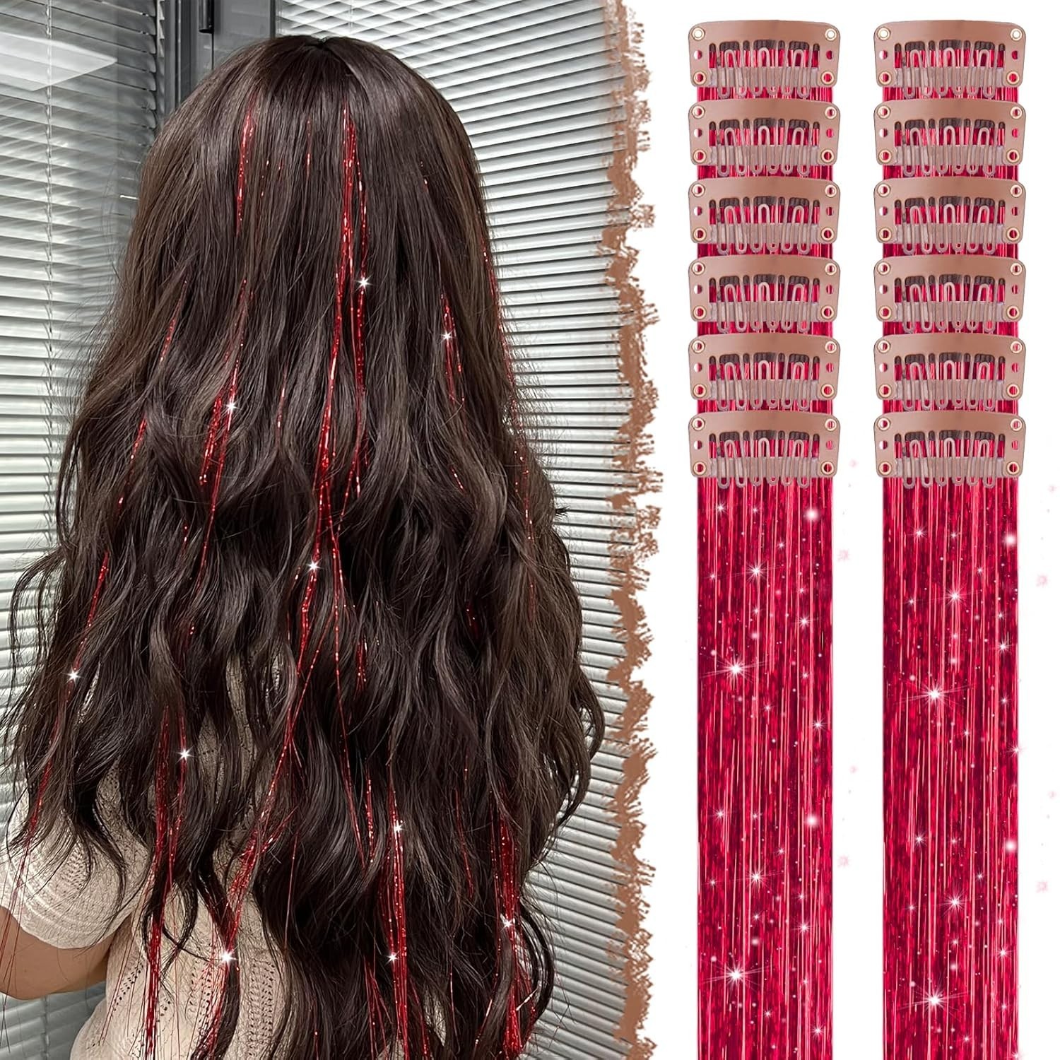 Transform Your Hair with 12 PCS Red Clip-in Glitter Tinsel Extensions – 20 Inch