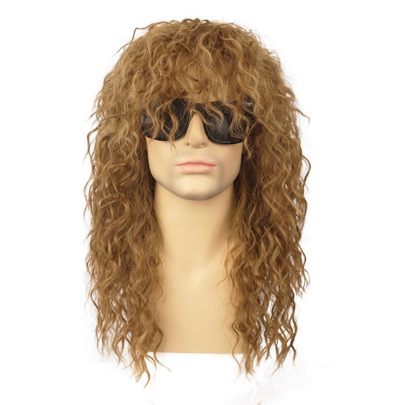 Men’s White Wig Man’s Long Curly Wavy Black Synthetic Full Wig+Wig Cap