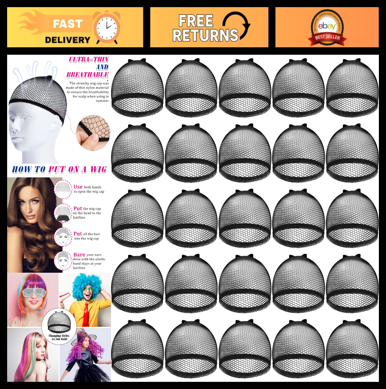 50 Pcs Stretchy Mesh Wig Caps – Nylon Fishnet Stocking Liner for Weaving, Unisex