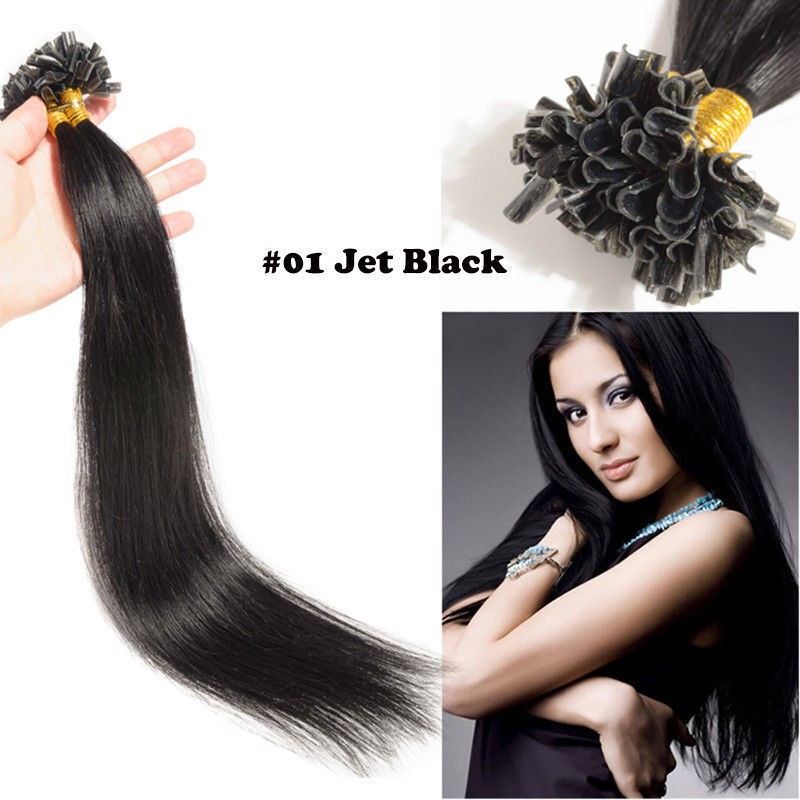 Keratin U Tip Hair Extensions Double Drawn Pre Bonded Remy Human Hair Colored 1G