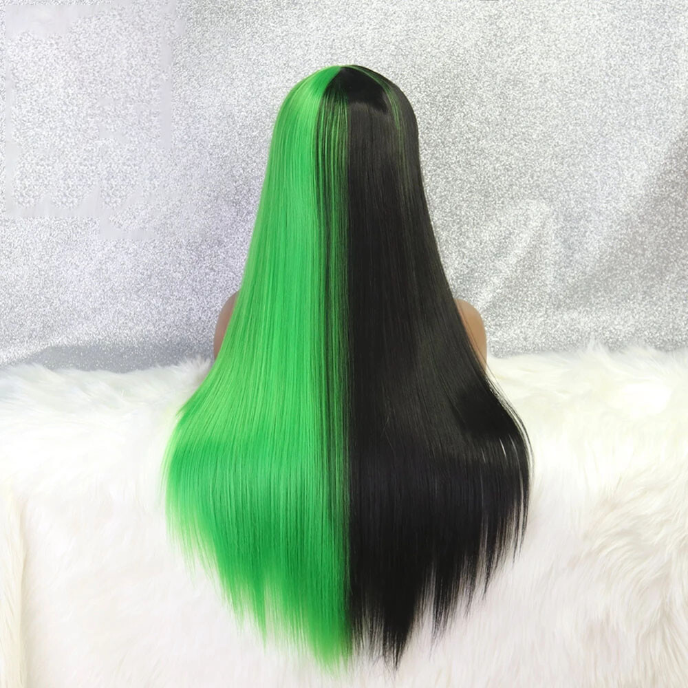Long Synthetic Half Black Green / Yellow Blue / Orange Straight Wig with Bangs