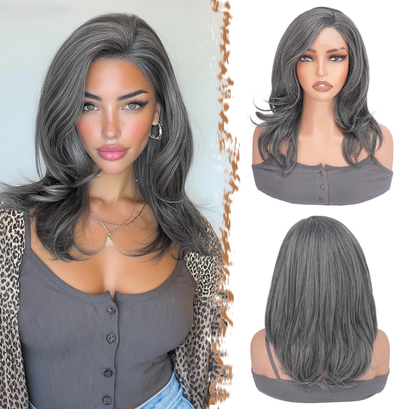 Gray Wig for Women Side Part – Layered Natural Straight Lace Front Wig with S…