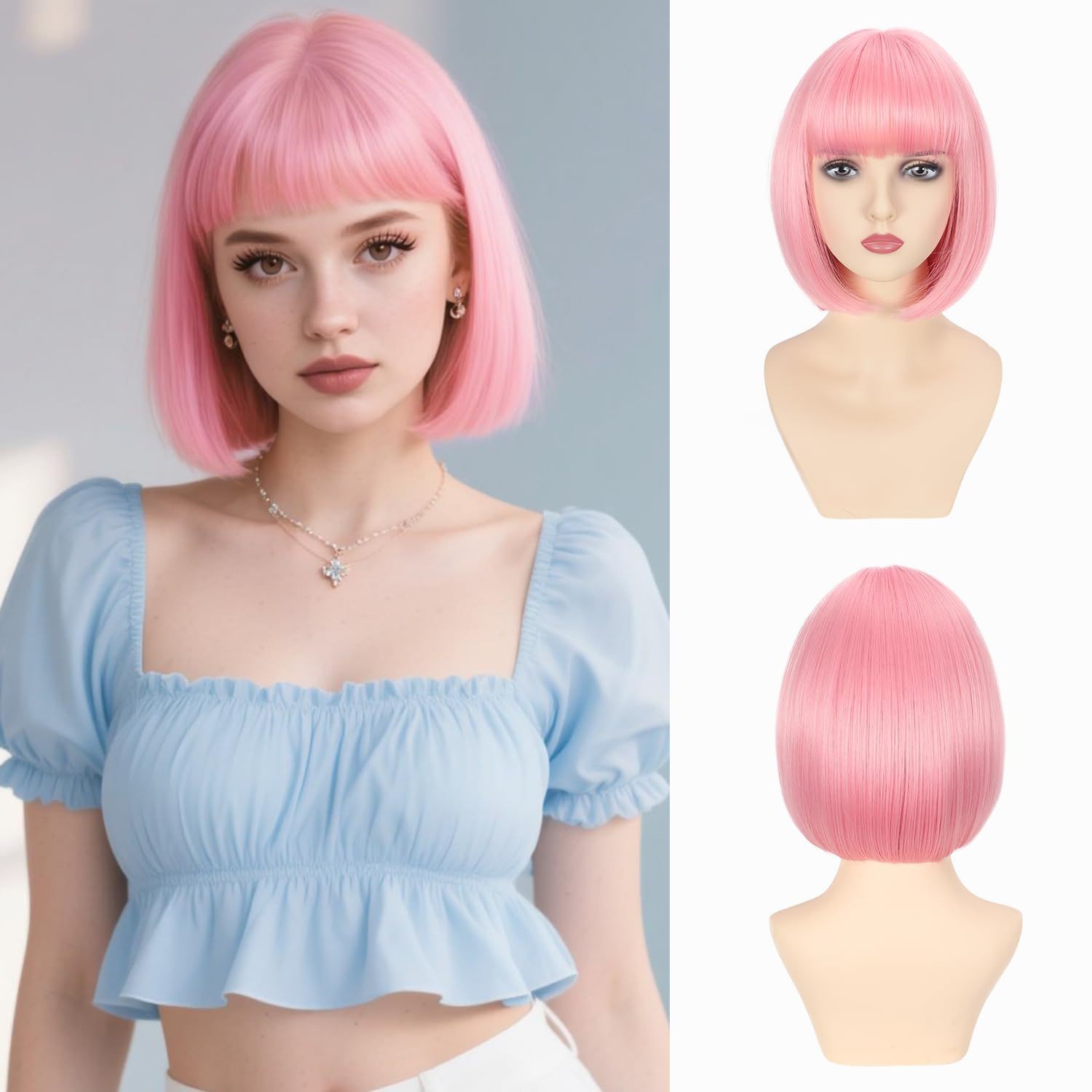 12 Inch Bob Wig with Inward Bangs for Women Multi Color Heat Resistant