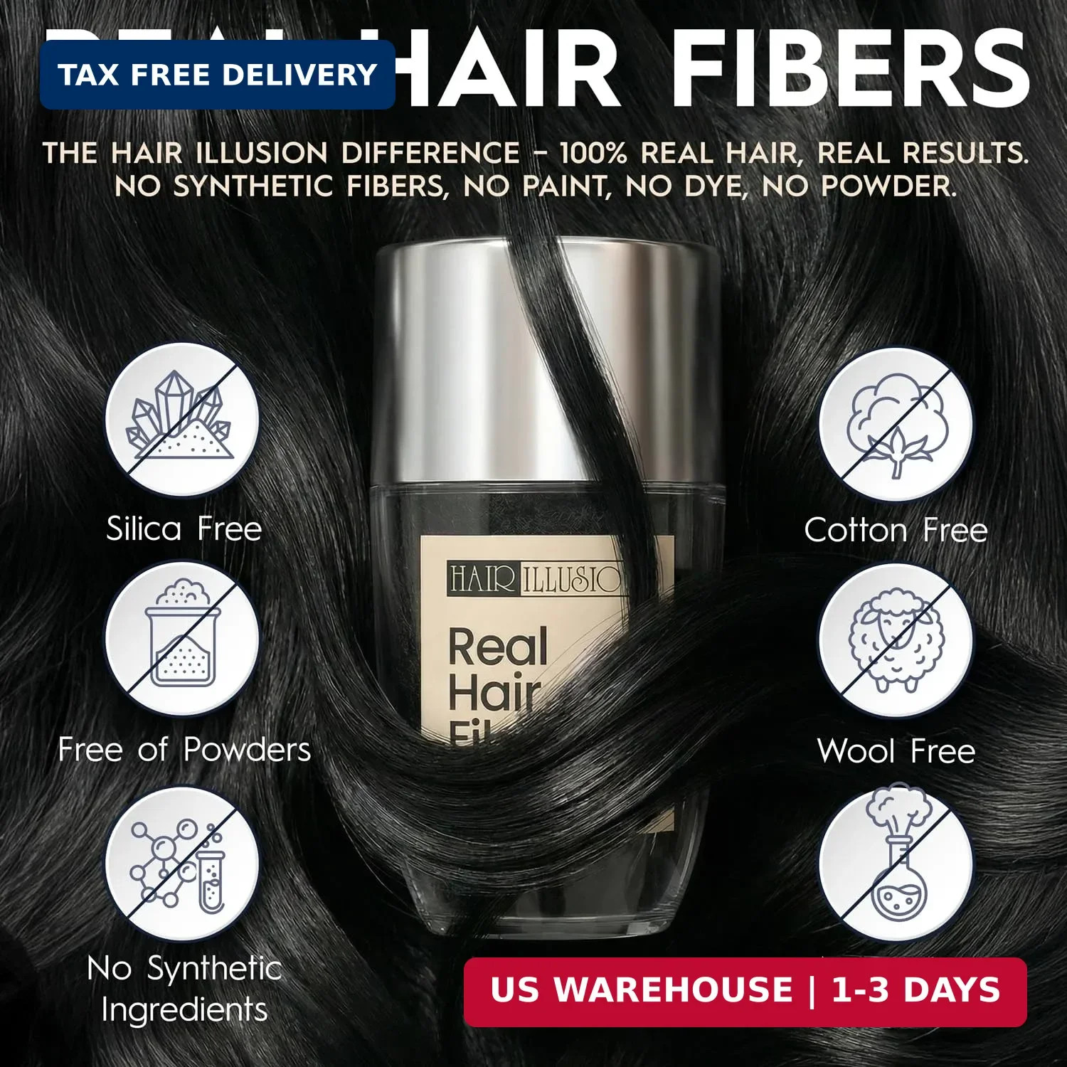 Hair Illusion Black Real Hair Fibers for Thinning Hair – 100% Natural Texture, N