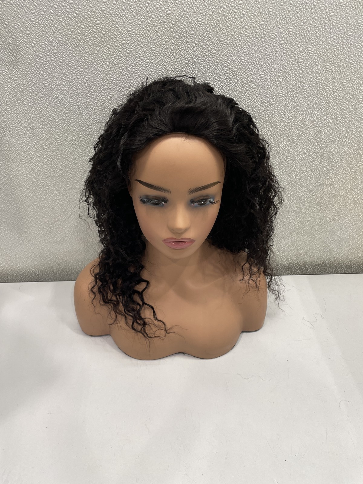 Natural Black Deep Wave Human Hair Blend Glueless Half Wig, 20″