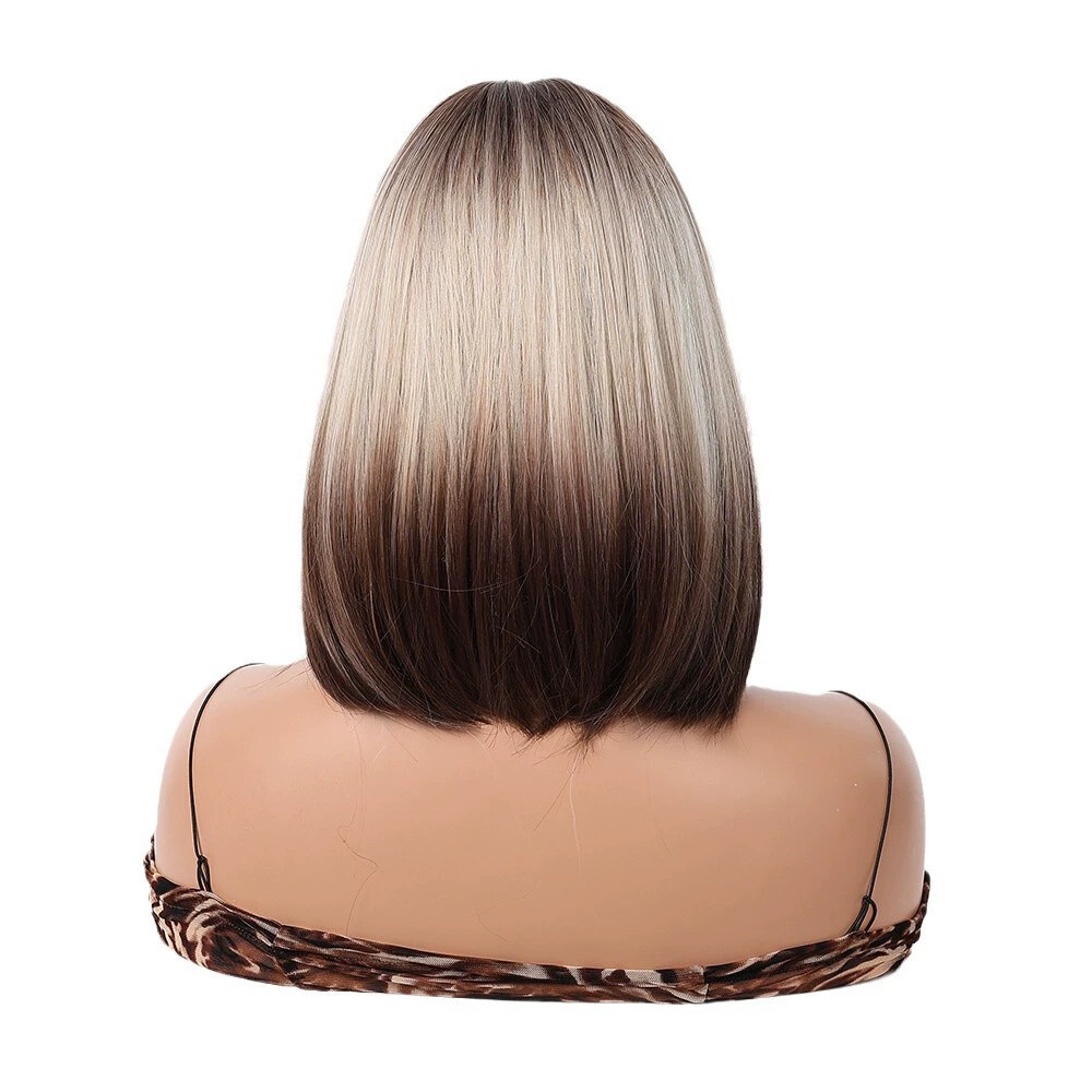 Brown Blonde Ombre Bob Wigs for Women Cosplay Wig with Bangs Dark Roots Gray