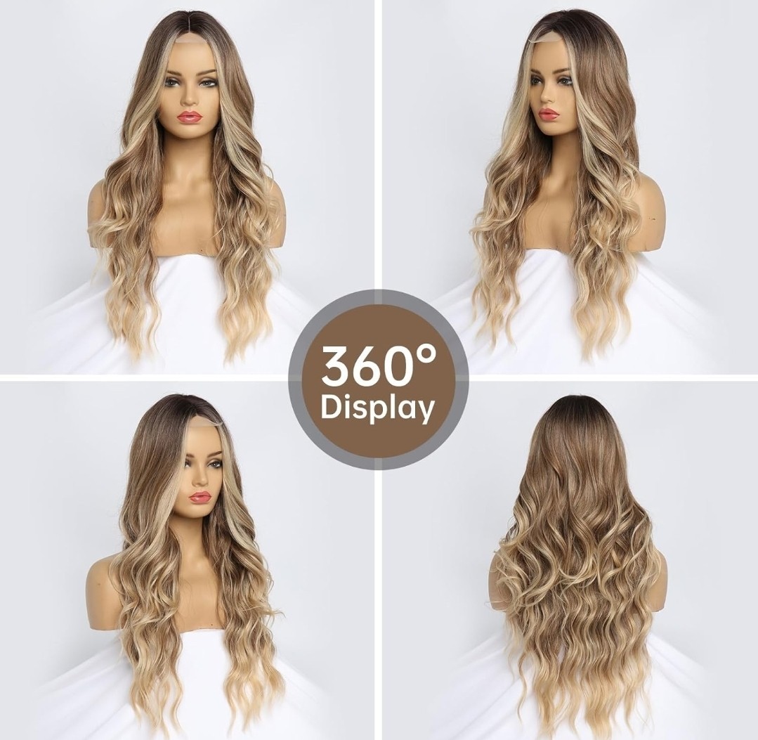 HD Lace Front Wig Human Hair Blend Highlights Wavy Brown X Blonde Balayage