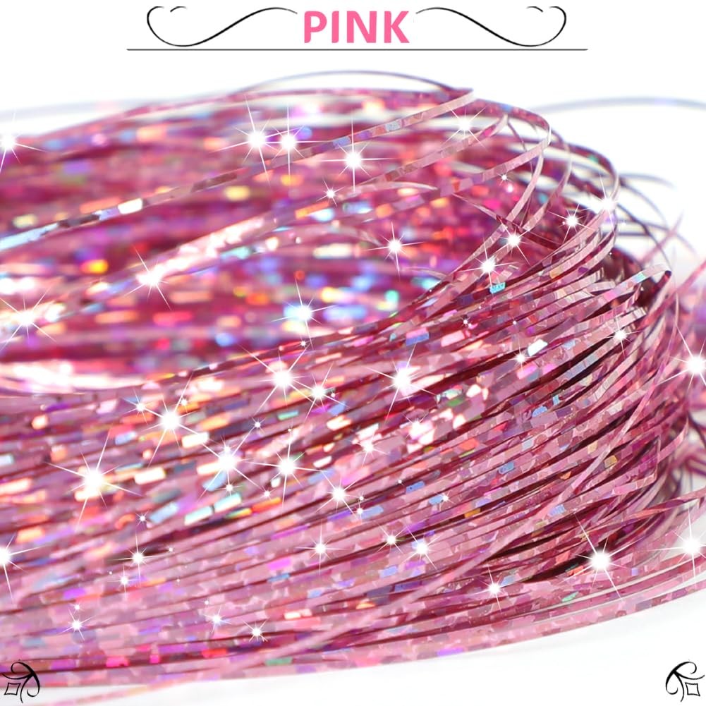 USHUIUS Hair Tinsel Kit With Tools 6Pcs 1200 Strands Pink 47 Inch,