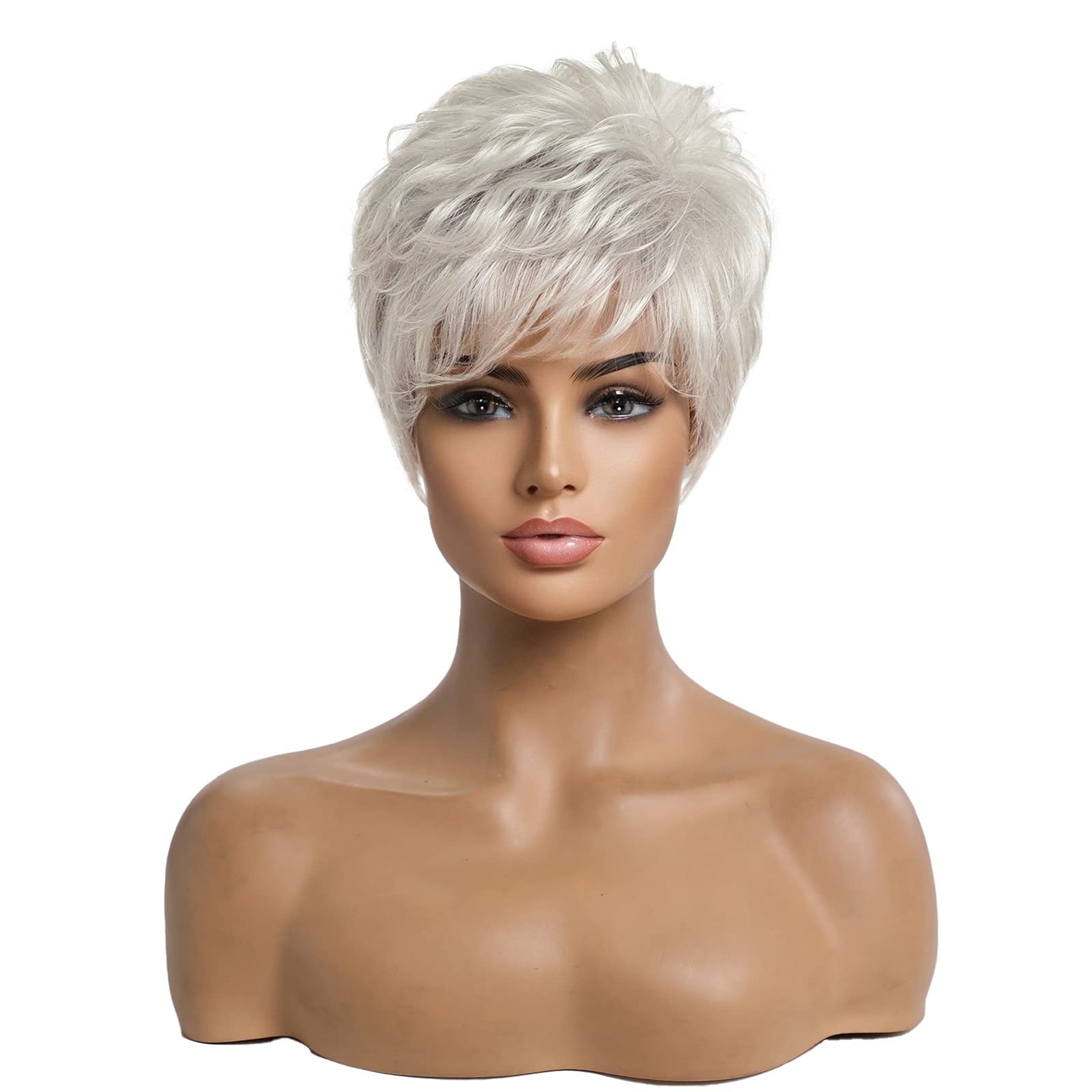 EMMOR Short Silver Grey Human Hair Wigs for Women Blend Pixie Cut Wig With Ba