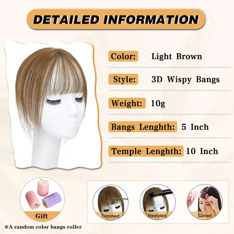 Medium Brown 100% Real Human Hair Clip In Wispy Bangs Hair Topper