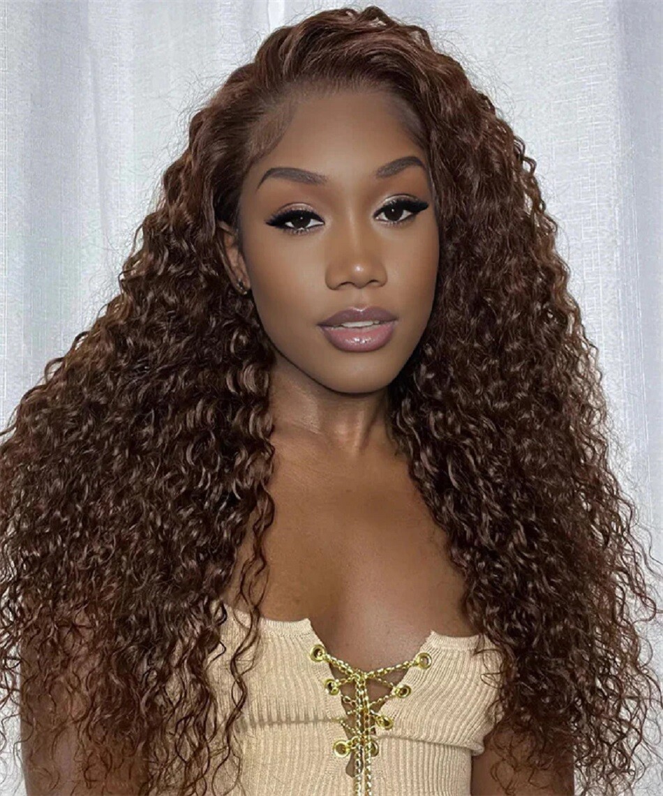 Chocolate Brown Human Hair Kinky Curly 13X6 Lace Front Wig Pre Plucked Baby Hair