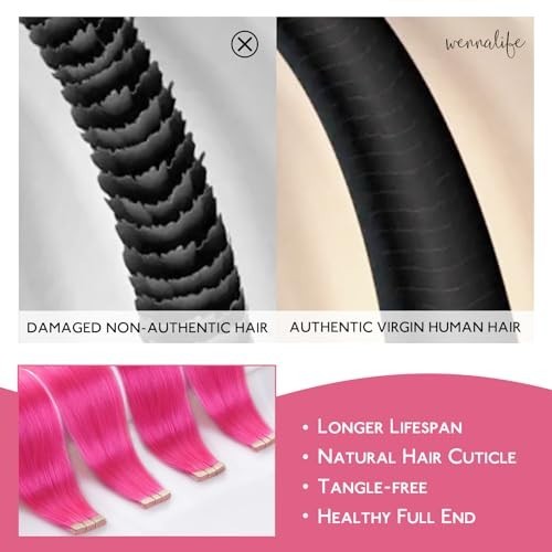 Hot Pink Tape In Hair Extensions 18″ Remy Human Hair 10pcs 25g Invisible Soft Re