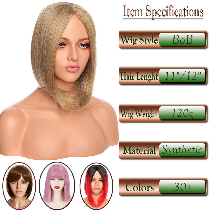 12″+ Women Short Bob Synthetic Lace Front Wig Baby Hair Silky Straight Black US