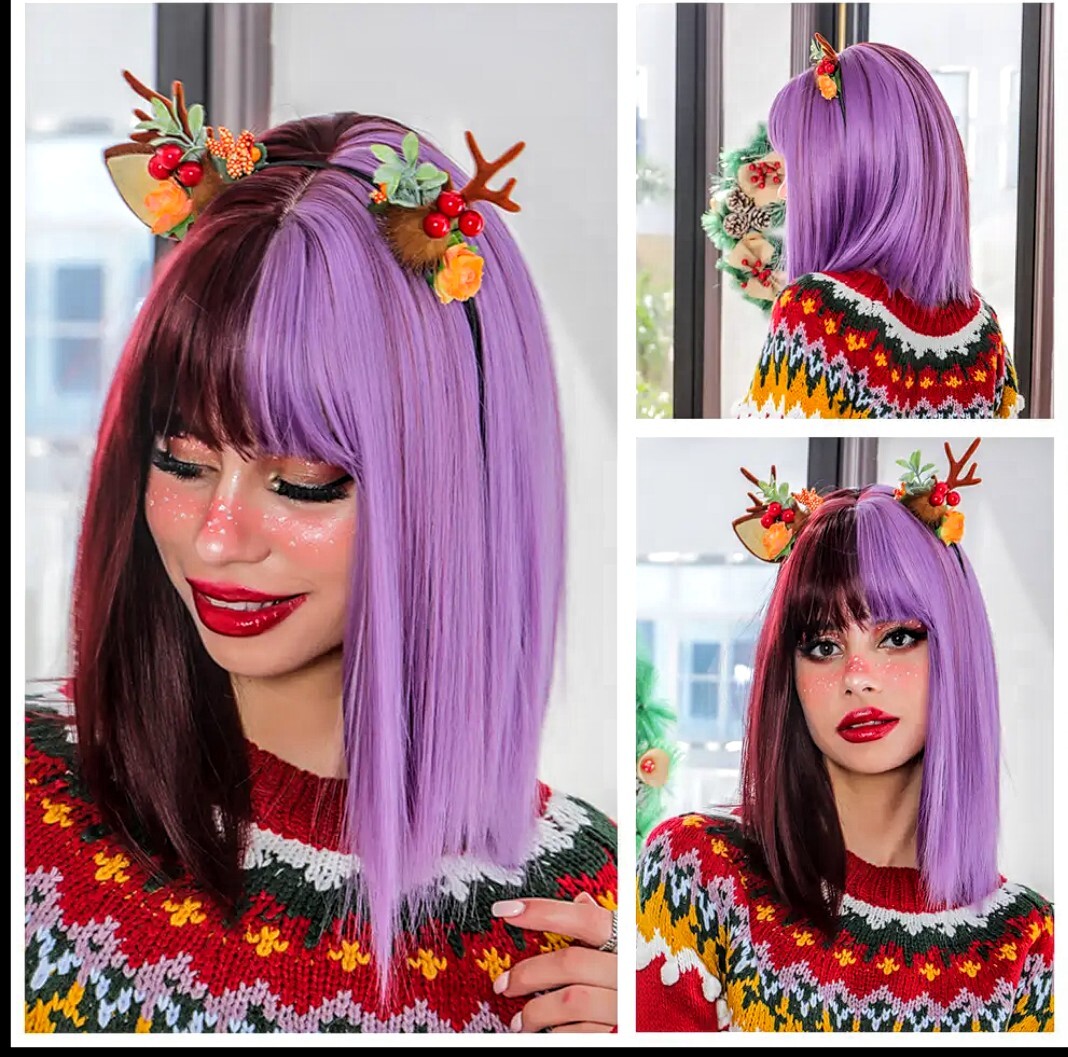 🍾NEW YEAR’S 🥂Wig Half Dark Purple/Half Light Purple Bangs Straight NIP 🎊