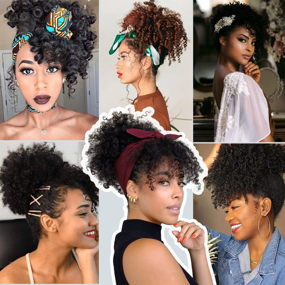 Afro Kinky Curly As Human Hair Clip In Short Ponytail Bun + Bangs Black Women US