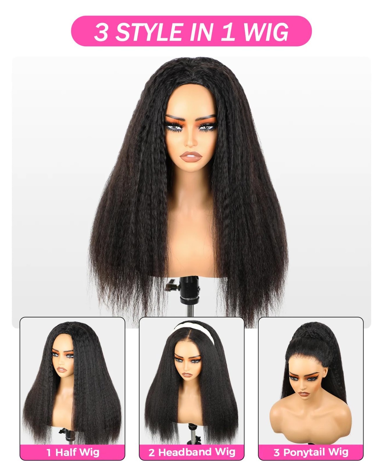 Kinky Straight 3-in-1 Half Wig Human Hair 180% Density Glueless Clip-In 24