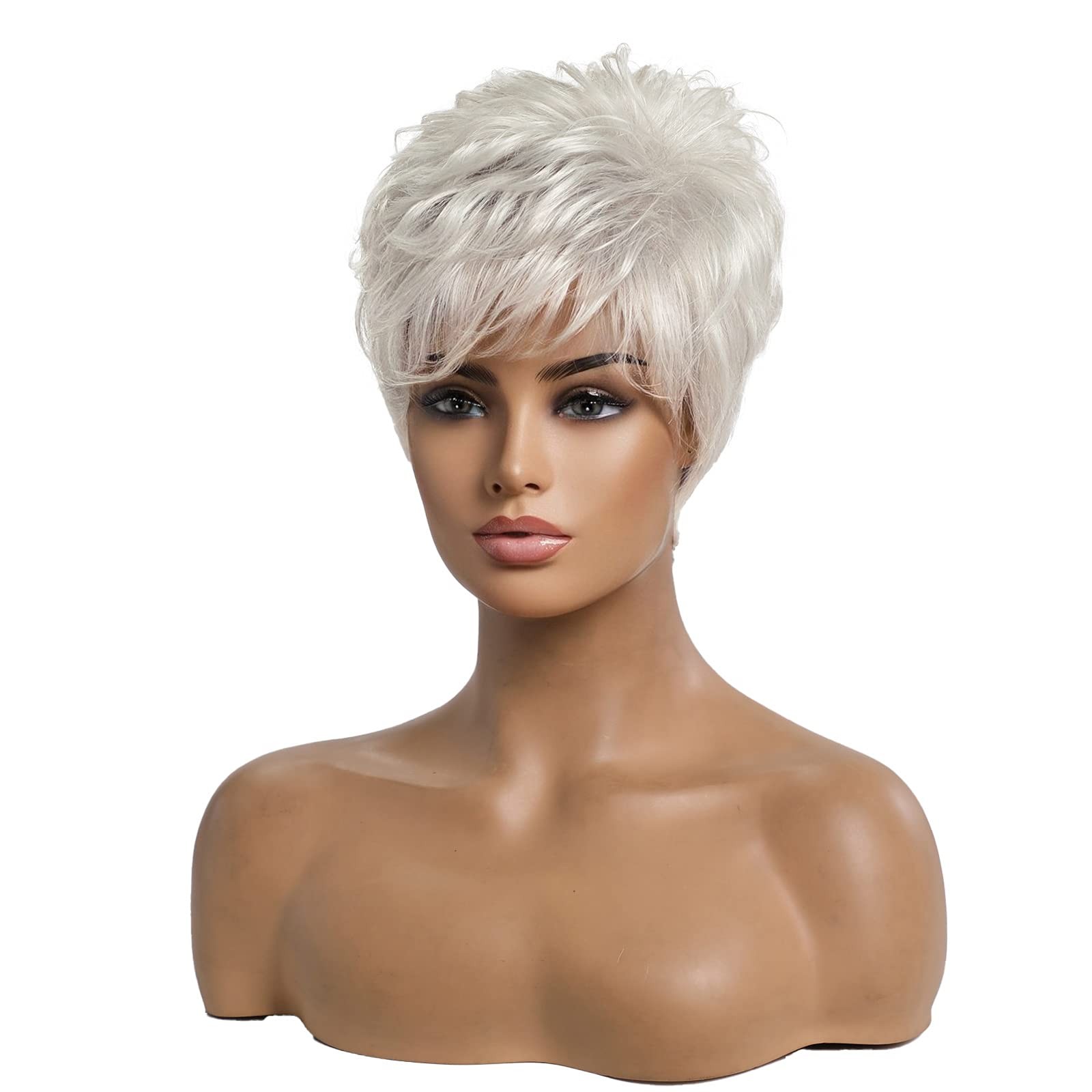 EMMOR Short Silver Grey Human Hair Wigs for Women Blend Pixie Cut Wig With Ba